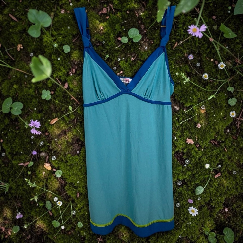 Y2K Maidenform Colorblock Blue Green Dress Slip Babydoll Size Large